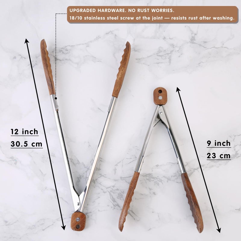 Donxote Kitchen Tongs Set - 9" & 12" Anti-Slip Long Wooden Cooking Tongs for BBQ, Grilling, Salad Tossing & Serving - Heat Resistant, Non-Stick Stainless Steel Handles with Hanging Hole - Image 2
