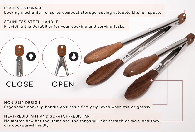 Donxote Kitchen Tongs Set - 9" & 12" Anti-Slip Long Wooden Cooking Tongs for BBQ, Grilling, Salad Tossing & Serving - Heat Resistant, Non-Stick Stainless Steel Handles with Hanging Hole - Image 3