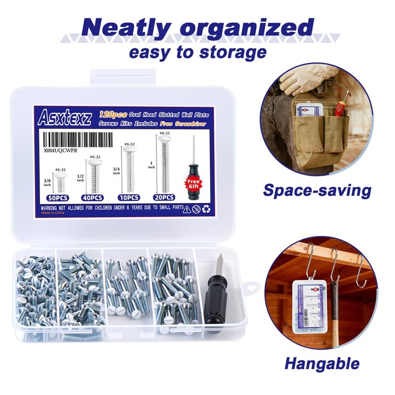 Asxtexz 120PCS Wall Plate Screws White, Outlet Cover Screws for Switch Plate, 6/32 Electrical Outlet Screws for Light Switch Plates,Electrical Panel, 4 Sizes (3/8",1/2",3/4",1") Screws Kit w/Free Screwdriver - Image 5
