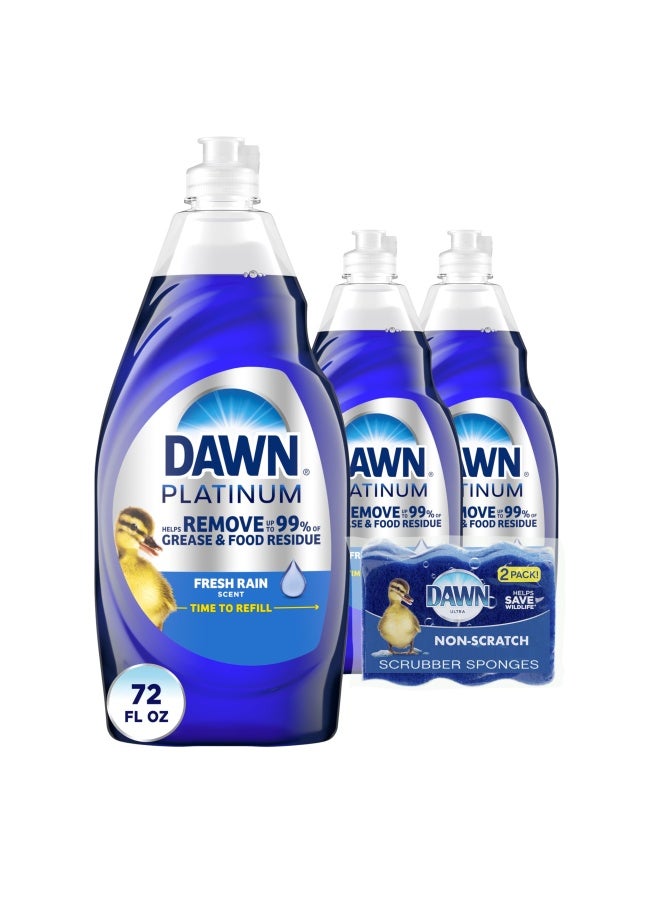 Dawn Dish Soap Platinum Dishwashing Liquid Non Scratch Sponges For Dishes Refreshing Rain Scent Includes 3X24Oz 2 Sponges Packaging May Vary 5 Piece Set - Image 1