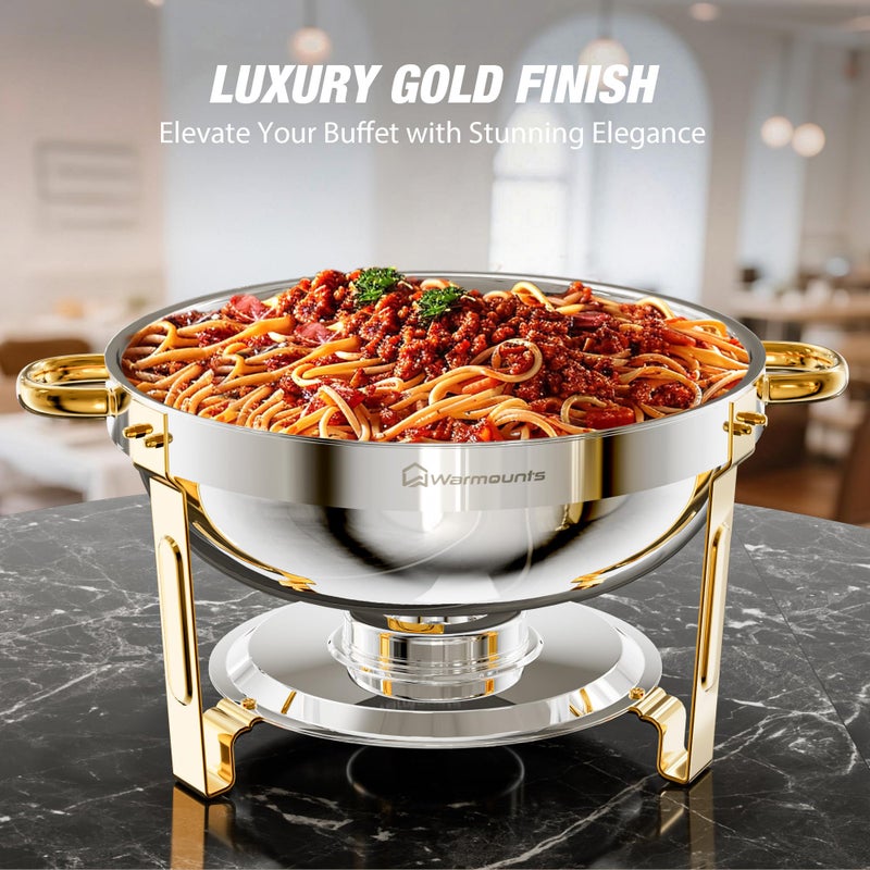 WARMOUNTS Round Chafing Dishes for Buffet (5QT, 4 Pack), Gold Stainless Steel Chafers and Buffet Warmers Sets with Lid Holder, Rolled Rim Process, Stackable Design, for Catering, Parties, Weddings - Image 3