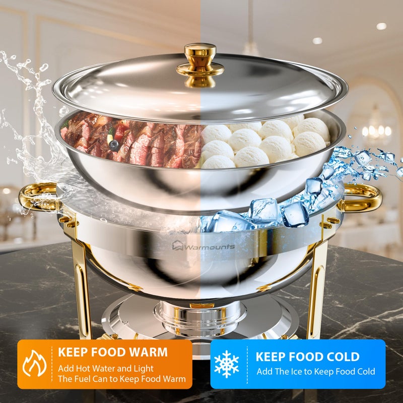 WARMOUNTS Round Chafing Dishes for Buffet (5QT, 4 Pack), Gold Stainless Steel Chafers and Buffet Warmers Sets with Lid Holder, Rolled Rim Process, Stackable Design, for Catering, Parties, Weddings - Image 2