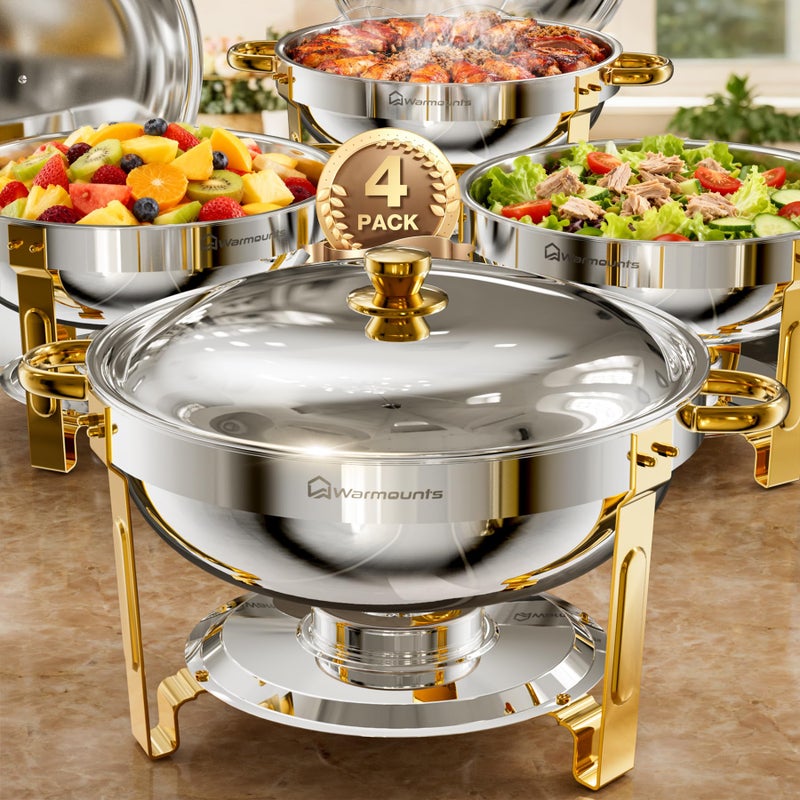 WARMOUNTS Round Chafing Dishes for Buffet (5QT, 4 Pack), Gold Stainless Steel Chafers and Buffet Warmers Sets with Lid Holder, Rolled Rim Process, Stackable Design, for Catering, Parties, Weddings - Image 1