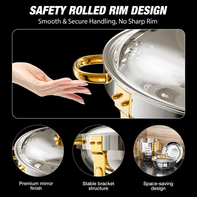 WARMOUNTS Round Chafing Dishes for Buffet (5QT, 4 Pack), Gold Stainless Steel Chafers and Buffet Warmers Sets with Lid Holder, Rolled Rim Process, Stackable Design, for Catering, Parties, Weddings - Image 5
