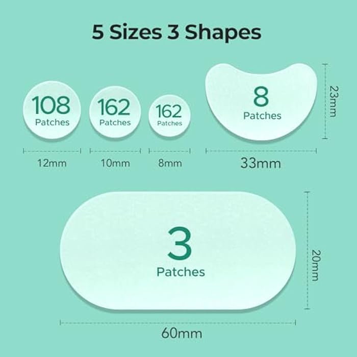 TKTK 443 Count Pimple Patches for Face, Hydrocolloid Acne Patch Bulk, Acne Stickers for Covering Cheeks, Forehead, Chin Blemishes Zit Breakouts for All Skin Types (Dots, Strip, Contoured 5 Sizes) - Image 4