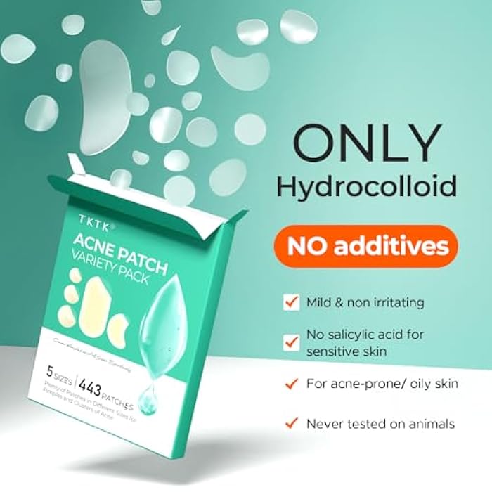 TKTK 443 Count Pimple Patches for Face, Hydrocolloid Acne Patch Bulk, Acne Stickers for Covering Cheeks, Forehead, Chin Blemishes Zit Breakouts for All Skin Types (Dots, Strip, Contoured 5 Sizes) - Image 5