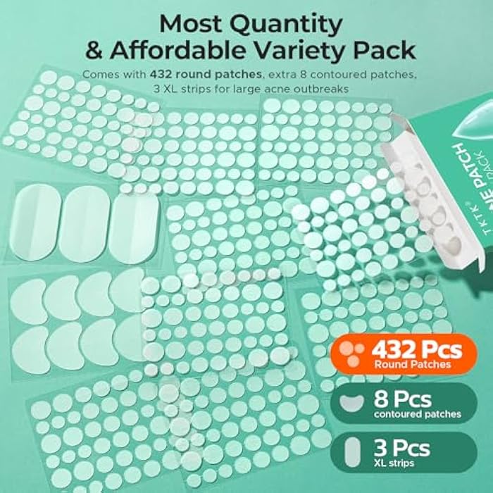 TKTK 443 Count Pimple Patches for Face, Hydrocolloid Acne Patch Bulk, Acne Stickers for Covering Cheeks, Forehead, Chin Blemishes Zit Breakouts for All Skin Types (Dots, Strip, Contoured 5 Sizes) - Image 2