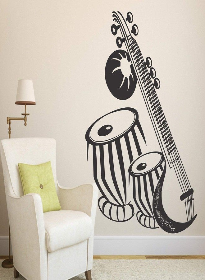 Asmi Collections Vinyl Music Instrument Sitar and Tabla Wall Stickers (Black)-Self-Adhesive - Image 1