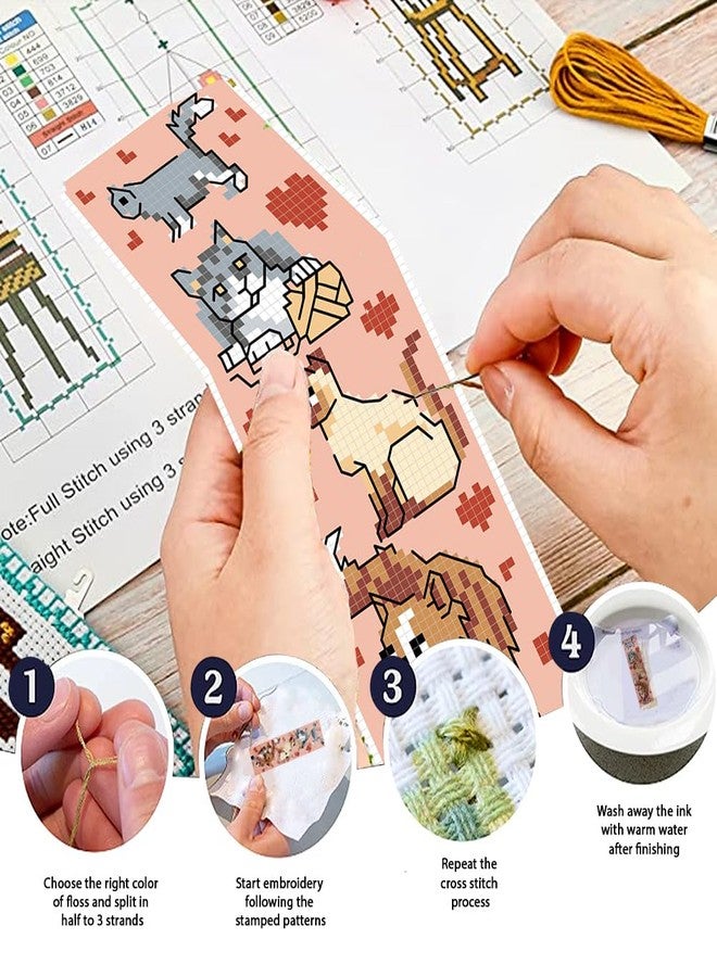 FREEBLOSS 6 Set Cross Stitch Bookmark Kit Stamped Cross Stitch Kit for Beginners Embroidery Set with Instruction for Adults Cute Cats and Dogs 8"*2.4" - Image 4