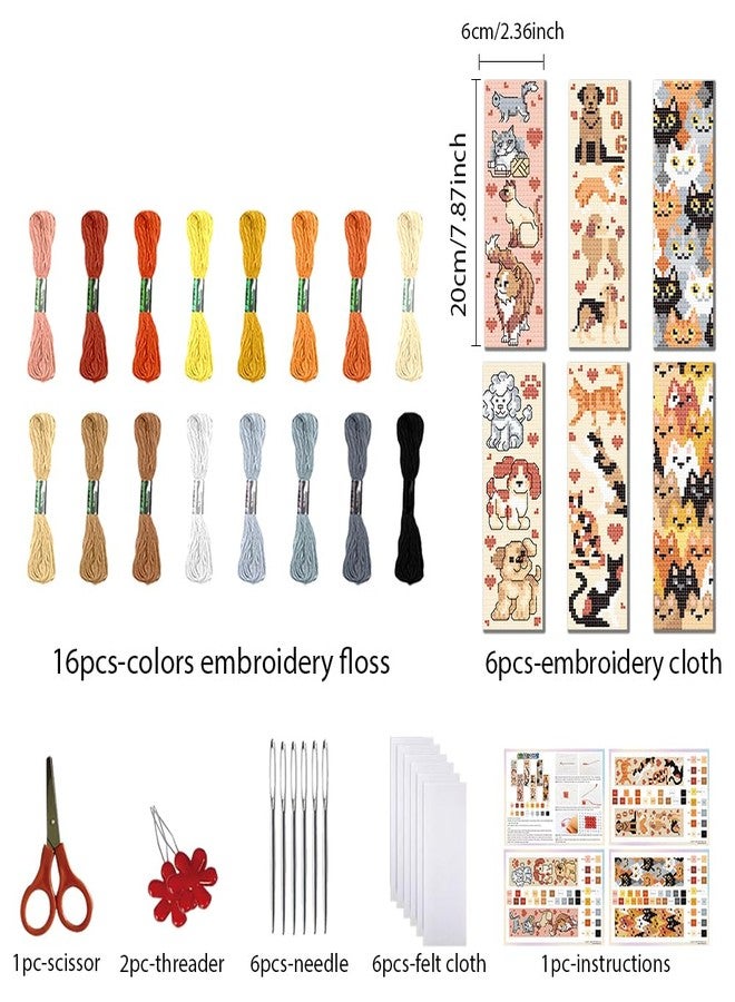 FREEBLOSS 6 Set Cross Stitch Bookmark Kit Stamped Cross Stitch Kit for Beginners Embroidery Set with Instruction for Adults Cute Cats and Dogs 8"*2.4" - Image 2