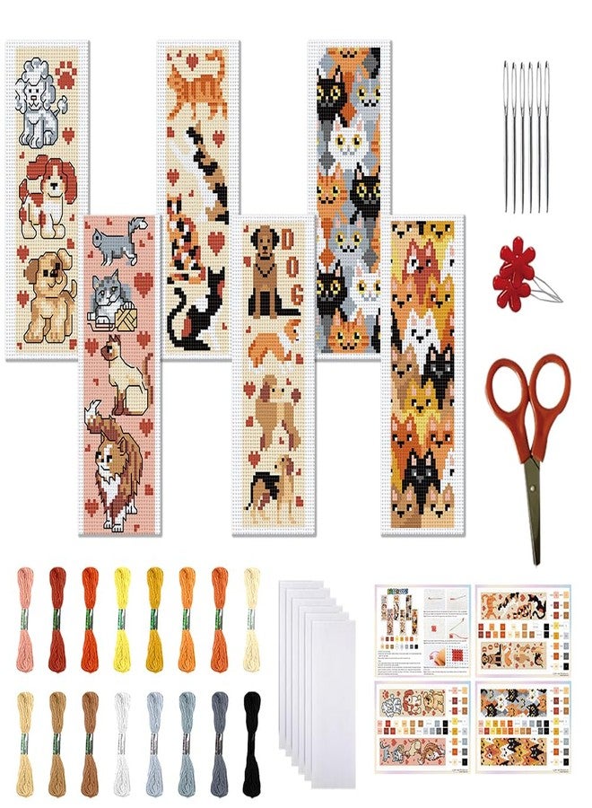 FREEBLOSS 6 Set Cross Stitch Bookmark Kit Stamped Cross Stitch Kit for Beginners Embroidery Set with Instruction for Adults Cute Cats and Dogs 8"*2.4" - Image 1
