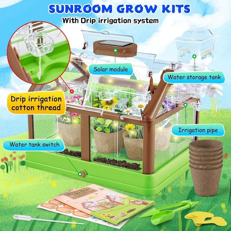 مجموعة زراعة النباتات، وصوبة زراعية ومجموعة زراعة الزهور مع نظام ري وضوء زراعة LED شمسي، مجموعة أدوات الحديقة، مجموعة بستنة تعليمية لتنمية التفكير الإبداعي للأطفال الصغار للعمل اليدوي. - Image 2