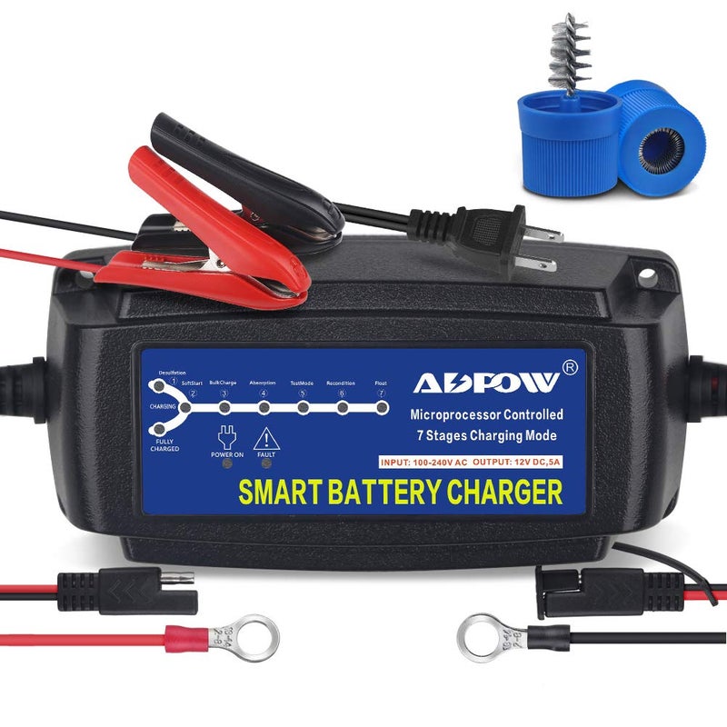 ADPOW 5A 12V Automatic Smart Battery Charger Automotive Maintainer 7Stages Trickle for Deep Cycle Car Marine Trolling Motor Boat Truck Lawn Mower RV AGM with Terminal Cleaning Brush