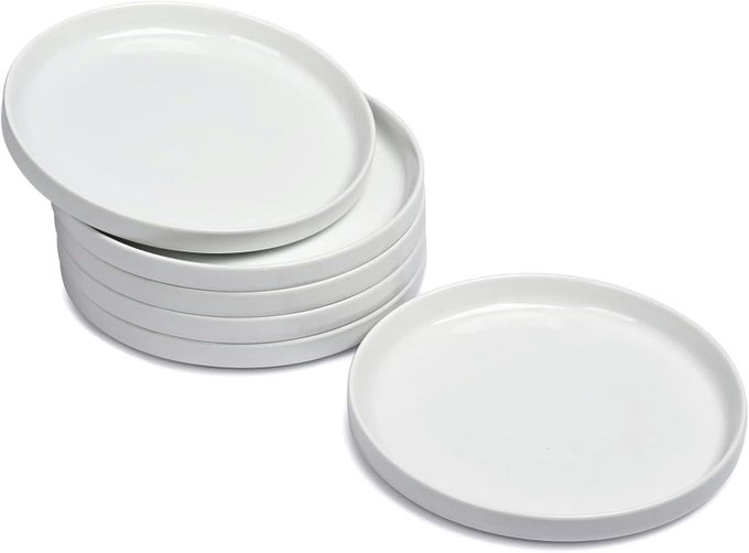 CERAMIC APPETIZER PLATES SET OF 6 SMALL DESSERT PLATES 7 INCH WHITE ROUND SALAD PLATE 18CM PORCELAIN DINNER DISHES FOR CAKE WAFFLE PASTA MICROWAVE DISHWASHER SAFE