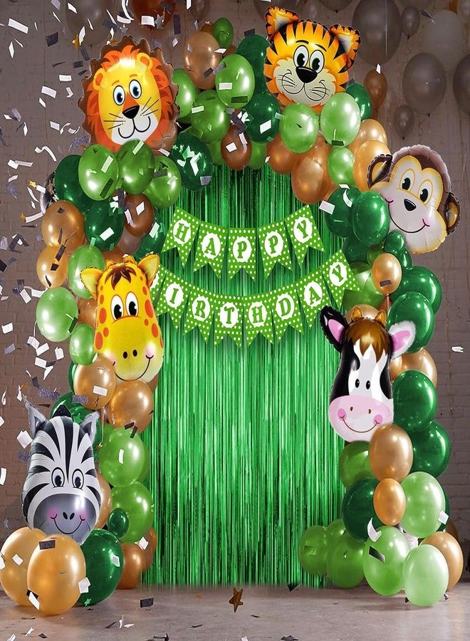 JUST PARTY مجموعة زينة عيد ميلاد بطابع الغابة من جست بارتي - 66 قطعة زينة كاملة لحفلة عيد ميلاد مميزة - بالونات خضراء، بالونات فويل على شكل حيوانات، ومجموعة أدوات تزيين يمكنك تركيبها بنفسك - Image 1