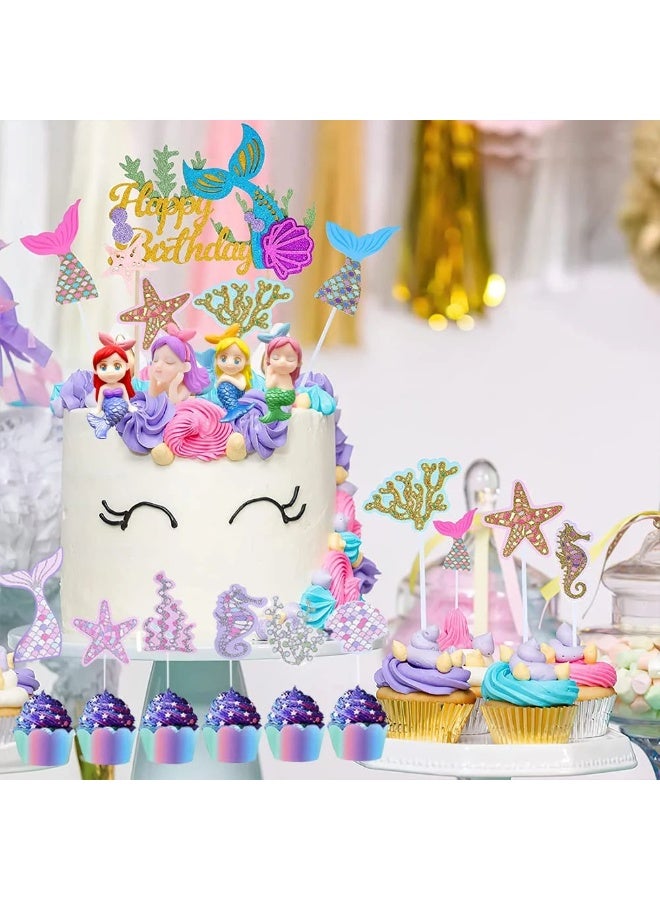 BreeJooy 32 Pieces Mermaid Cake Topper, Doll Decoration for Ocean-Themed Birthday Party Supplies - Glitter Cake Decorations for Girls and Children - Image 4