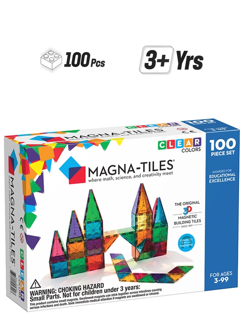 MAGNA-TILES Clear Colors 100 Piece Magnetic Construction Set, Original 3d Magnetic Building Tiles, For Kids Ages 3+  - Image 1