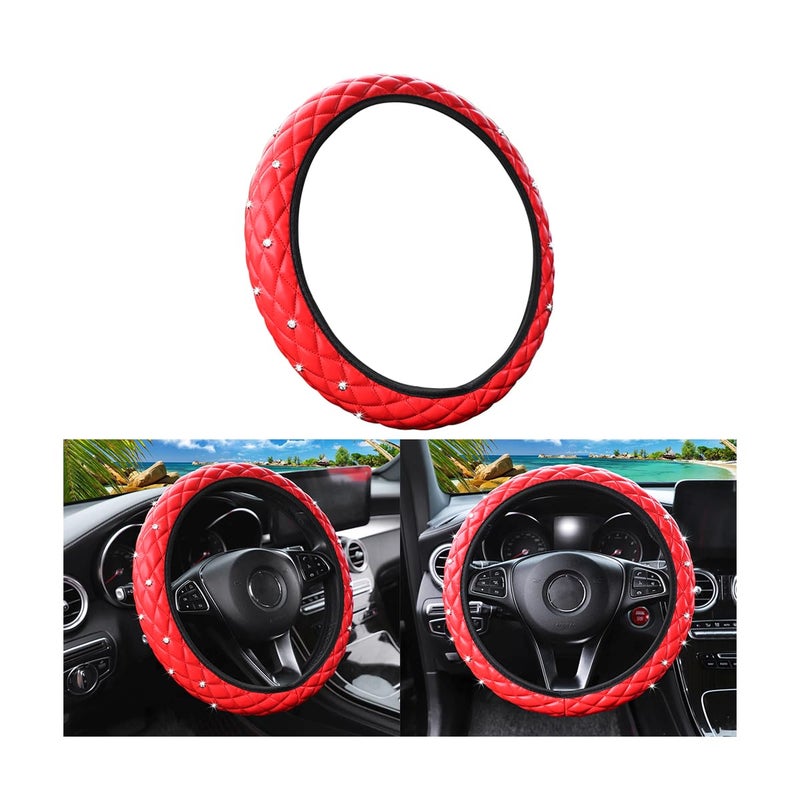 HZEL Bling Elastic Car Steering Wheel Covers Leather Anti Slip Vehicle Steering Wheel Protector with Crystal Rhinestones Diamond Auto Interior Decor Accessories Universal Fit Red - Image 3