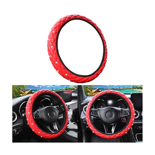 HZEL Bling Elastic Car Steering Wheel Covers Leather Anti Slip Vehicle Steering Wheel Protector with Crystal Rhinestones Diamond Auto Interior Decor Accessories Universal Fit Red - Image 1