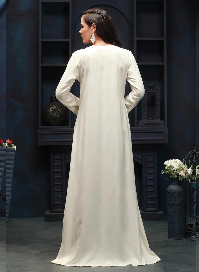 Maxim Creation  Cream Embroidered V Neck Jalabiya for Women | Best Price UAE