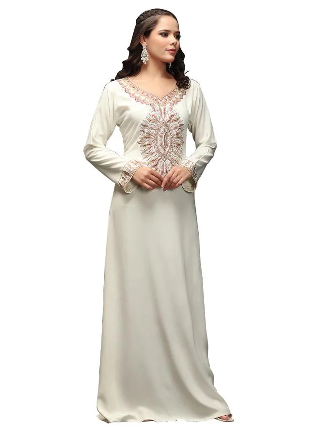 Maxim Creation  Cream Embroidered V Neck Jalabiya for Women | Best Price UAE