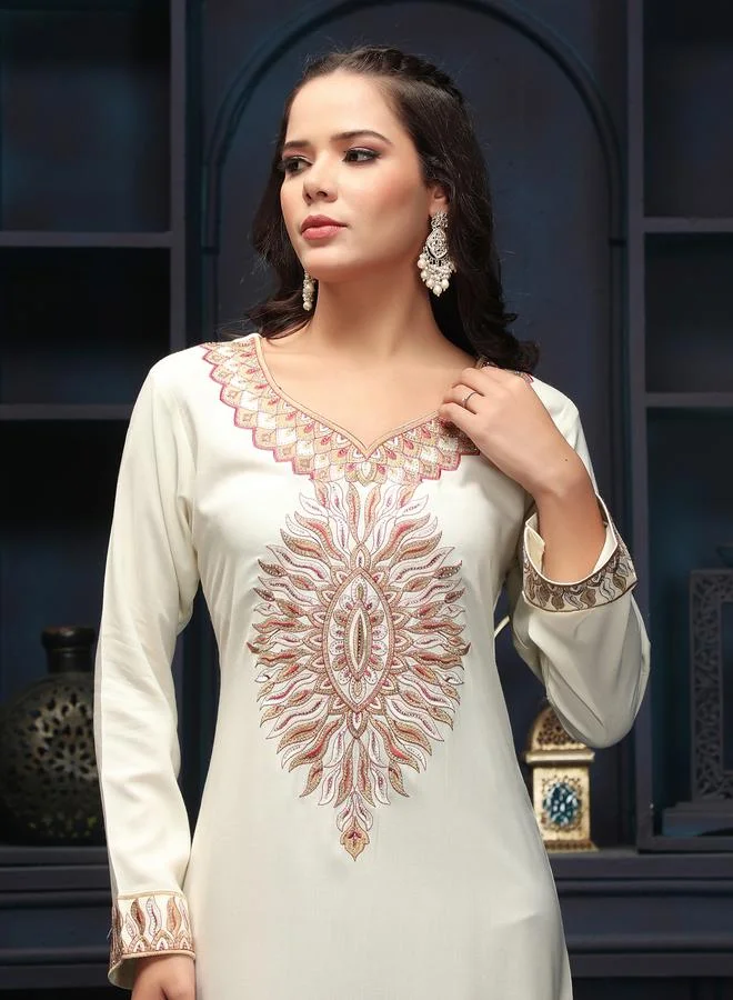 Maxim Creation  Cream Embroidered V Neck Jalabiya for Women | Best Price UAE