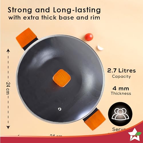 Wonderchef Caesar Forged Virgin Aluminium Kadhai with Glass Lid, 24cm, Black, Greblon C3 Non-Stick Coating, PFOA Free, German Beechwood Handles, Use for Frying, Cooking Rice/Biryani, Gravies, Dals - Image 5