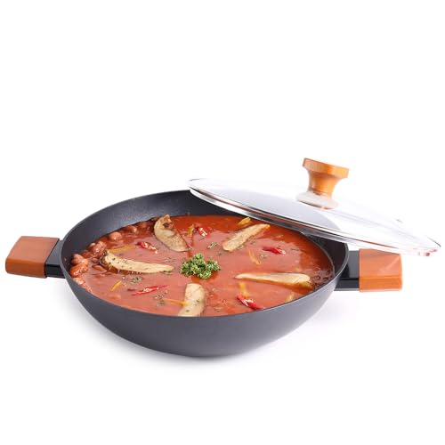 Wonderchef Caesar Forged Virgin Aluminium Kadhai with Glass Lid, 24cm, Black, Greblon C3 Non-Stick Coating, PFOA Free, German Beechwood Handles, Use for Frying, Cooking Rice/Biryani, Gravies, Dals - Image 1