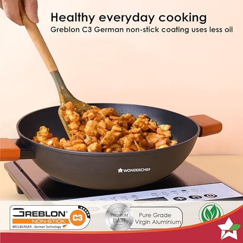 Wonderchef Caesar Forged Virgin Aluminium Kadhai with Glass Lid, 24cm, Black, Greblon C3 Non-Stick Coating, PFOA Free, German Beechwood Handles, Use for Frying, Cooking Rice/Biryani, Gravies, Dals - Image 3