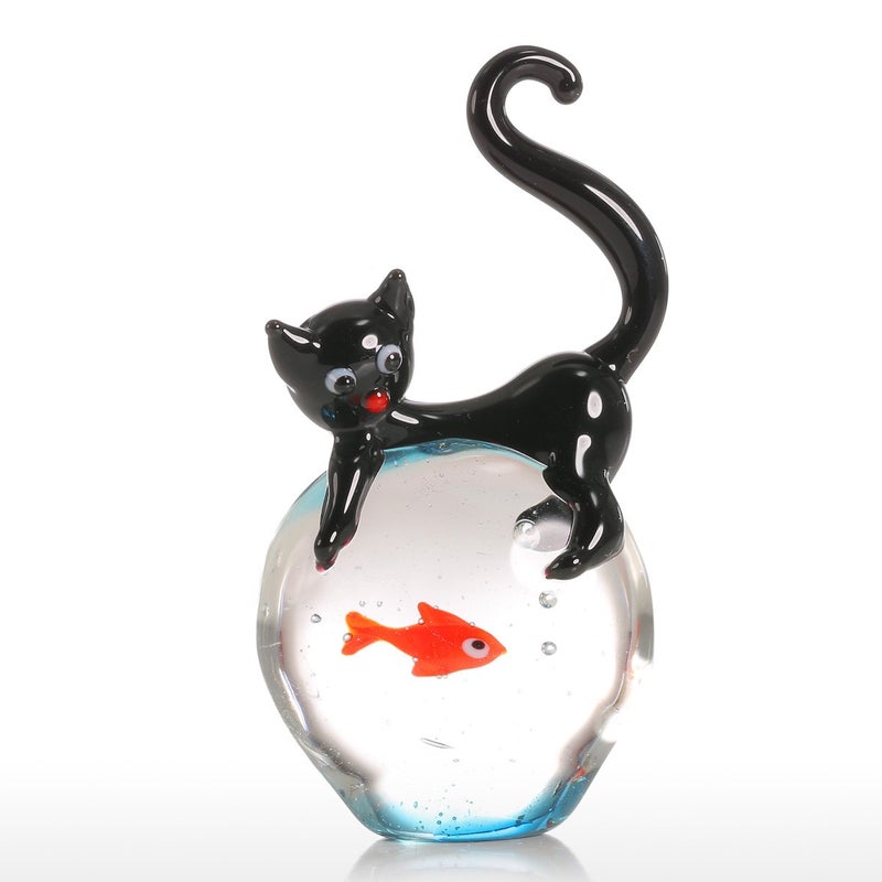 Tooarts Cat and Goldfish Sculpture Glass Ornament Cat Figurine Hand Blown Christmas Birthday Gift Black  Red