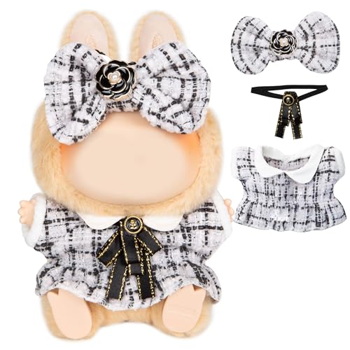 CHICHO 17cm Doll Clothes for Labubu Luxury Chic Style Set for 17cm Dolls Premium Doll Outfit with Accessories White Plaid Tweed Dress Black Necktie Plaid Bow Clothes Only - Image 1