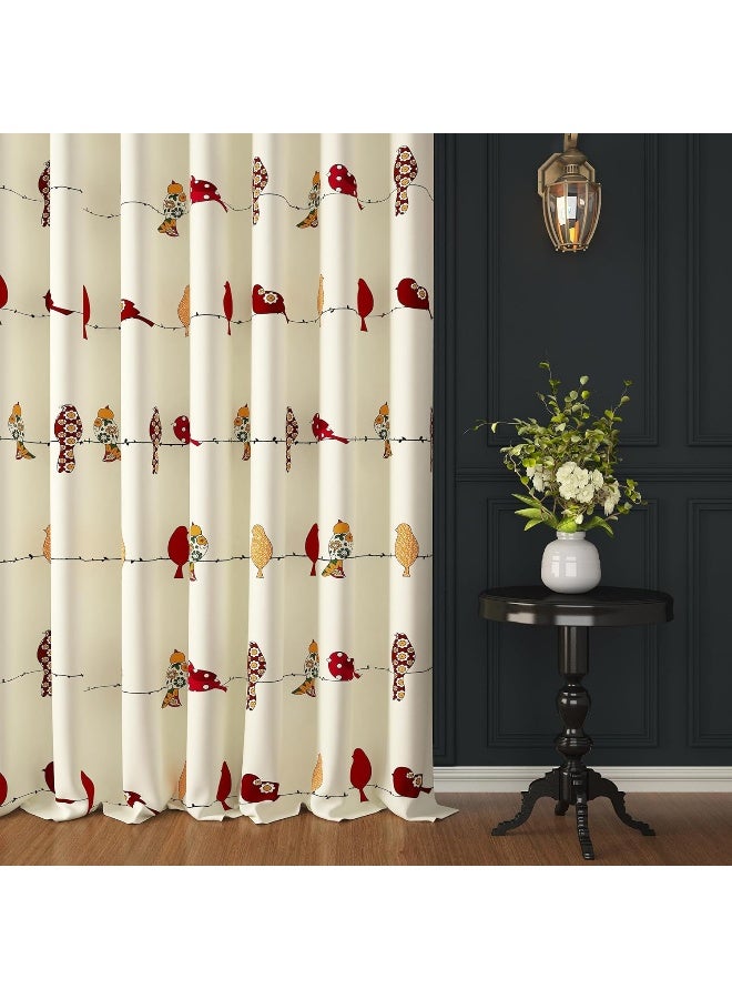 Story@Home 152 Cm 100% Cotton Canvas Fabric Birds Pattern Light Filtering Grommet Window Curtain, White & Red, Pack Of 2 - Image 1