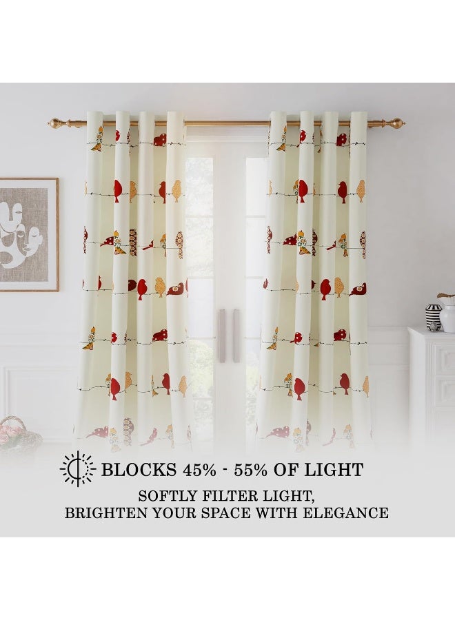 Story@Home 152 Cm 100% Cotton Canvas Fabric Birds Pattern Light Filtering Grommet Window Curtain, White & Red, Pack Of 2 - Image 3