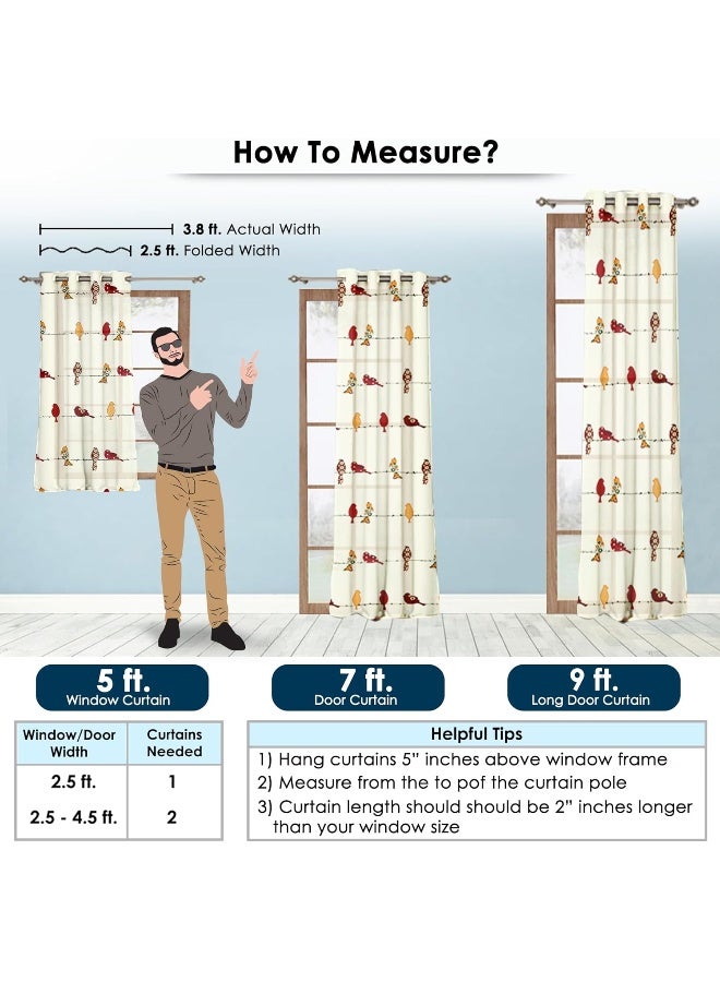 Story@Home 152 Cm 100% Cotton Canvas Fabric Birds Pattern Light Filtering Grommet Window Curtain, White & Red, Pack Of 2 - Image 2