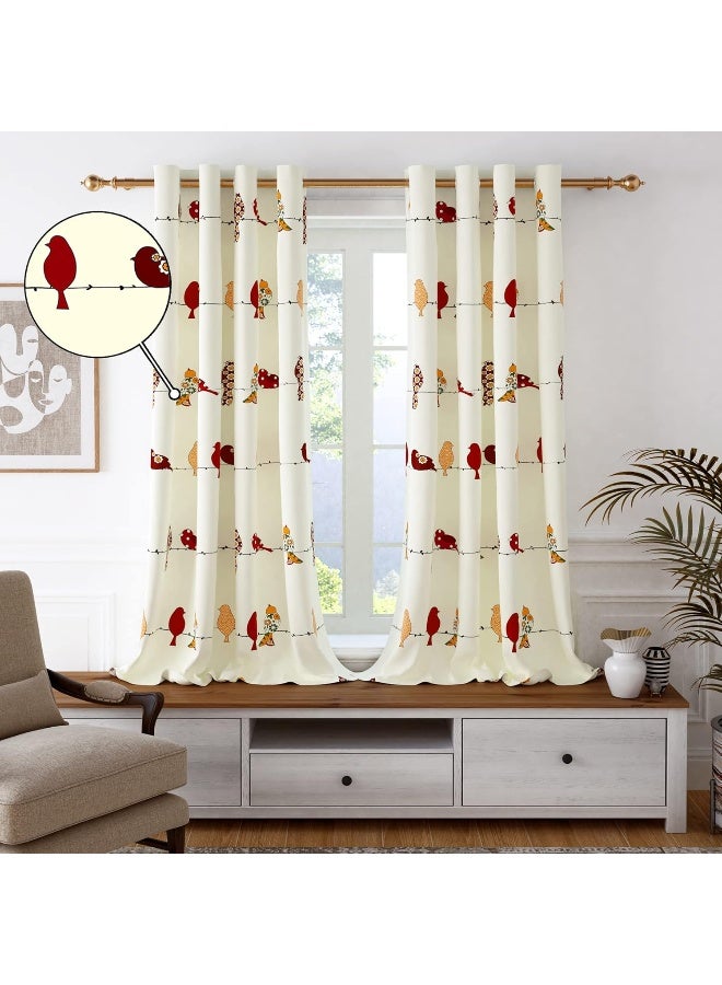 Story@Home 152 Cm 100% Cotton Canvas Fabric Birds Pattern Light Filtering Grommet Window Curtain, White & Red, Pack Of 2 - Image 4