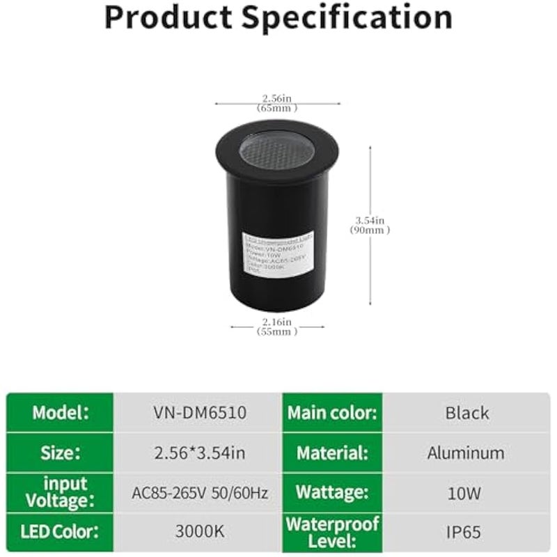 V.nice LED In-Ground Light Outdoor 10W 3000K Warm White, Recessed Landscape Uplight AC85–265V, IP65 Waterproof Embedded Driveway Deck Path Step Light for Garden Yard Patio Lighting - Image 2