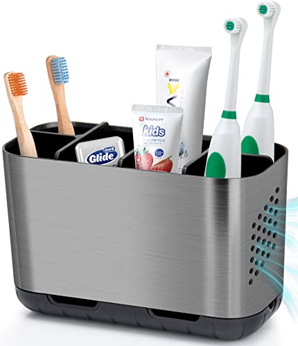 Boperzi Toothbrush and Toothpaste Holder Brushed Nickel Drainage for Bathroom Vanity, Large Electric Toothbrush Storage Caddy Anti-Slip Rustic with Adjustable Dividers for Family, Kids - Image 1