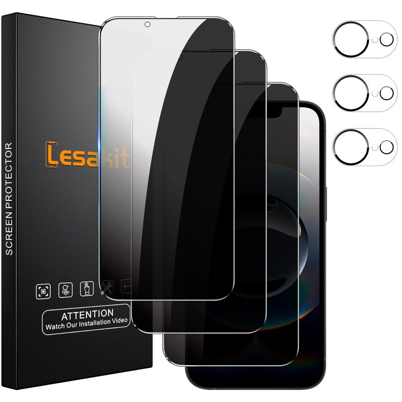 Lesakit 3+3 Pack Privacy Screen Protector for iPhone 16e 6.1-Inch with 3 Pack Camera Lens Protector, Anti Spy Tempered Glass Film 9H Hardness Bubble Free Case Friendly - Image 1
