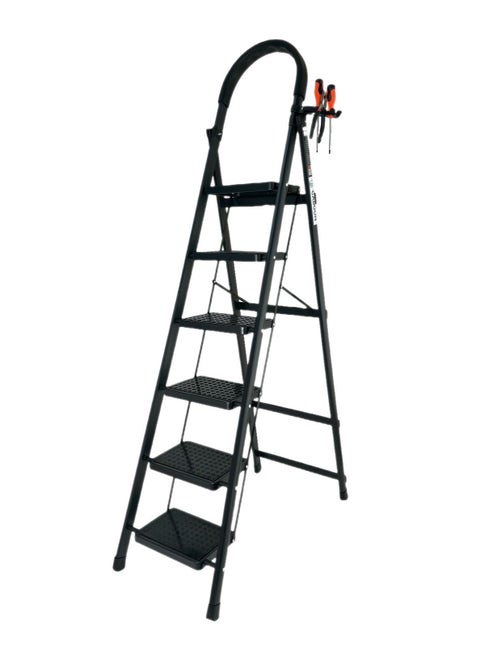 6 Step Folding Ladder for Home Use, Heavy Duty Foldable Step Ladder with Handrail and Non-Slip Wide Pedals, Lightweight Steel Ladder for Kitchen, Office, Library, Warehouse (Black, 6 steps)