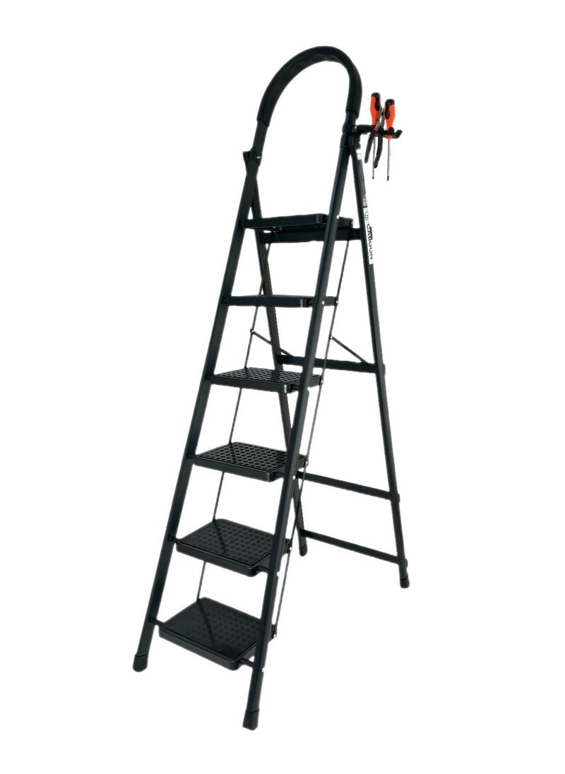 6 Step Folding Ladder for Home Use, Heavy Duty Foldable Step Ladder with Handrail and Non-Slip Wide Pedals, Lightweight Steel Ladder for Kitchen, Office, Library, Warehouse (Black, 6 steps)