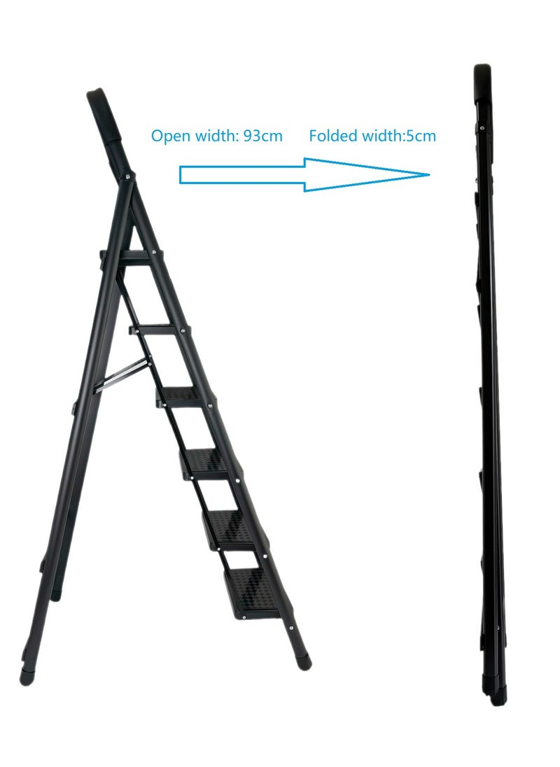 6 Step Folding Ladder for Home Use, Heavy Duty Foldable Step Ladder with Handrail and Non-Slip Wide Pedals, Lightweight Steel Ladder for Kitchen, Office, Library, Warehouse (Black, 6 steps)