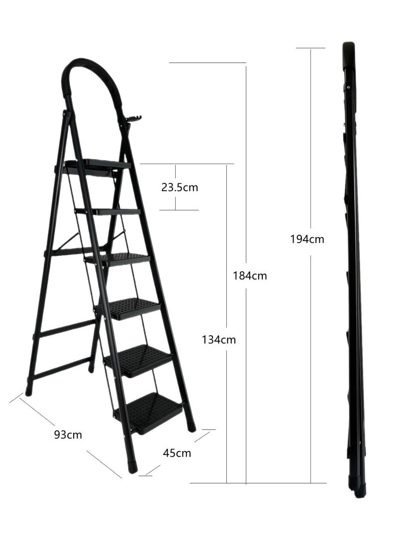 6 Step Folding Ladder for Home Use, Heavy Duty Foldable Step Ladder with Handrail and Non-Slip Wide Pedals, Lightweight Steel Ladder for Kitchen, Office, Library, Warehouse (Black, 6 steps)