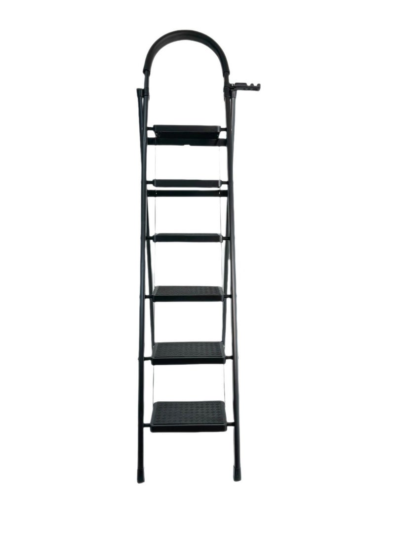6 Step Folding Ladder for Home Use, Heavy Duty Foldable Step Ladder with Handrail and Non-Slip Wide Pedals, Lightweight Steel Ladder for Kitchen, Office, Library, Warehouse (Black, 6 steps)