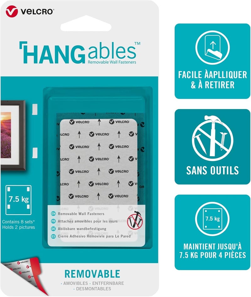 Velcro Brand HANGables Removable Wall Fasteners | Strong Adhesive Hold, Up to 7.5 kg / 16 ½ lb (per set of 4) | Easy-to-Remove from Wall, Firm Hold to Frame or Mirror | 1 ¾ x 3in strips, 8 sets, White - Image 1
