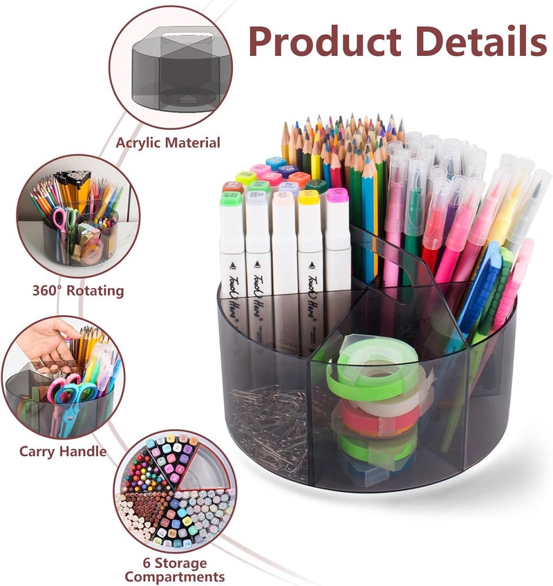 Absonic Acrylic Pen Holder Crayon Organizer for Kids, 6 Slots Arts and Crafts Organizer Marker Caddy Organizer for Classroom, 360 Rotating Pencil Holder Art Supplies Storage for School Office Grey - Image 4