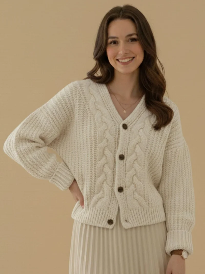 Cream Full Sleeve Front Buttoned Slouchy Cardigan