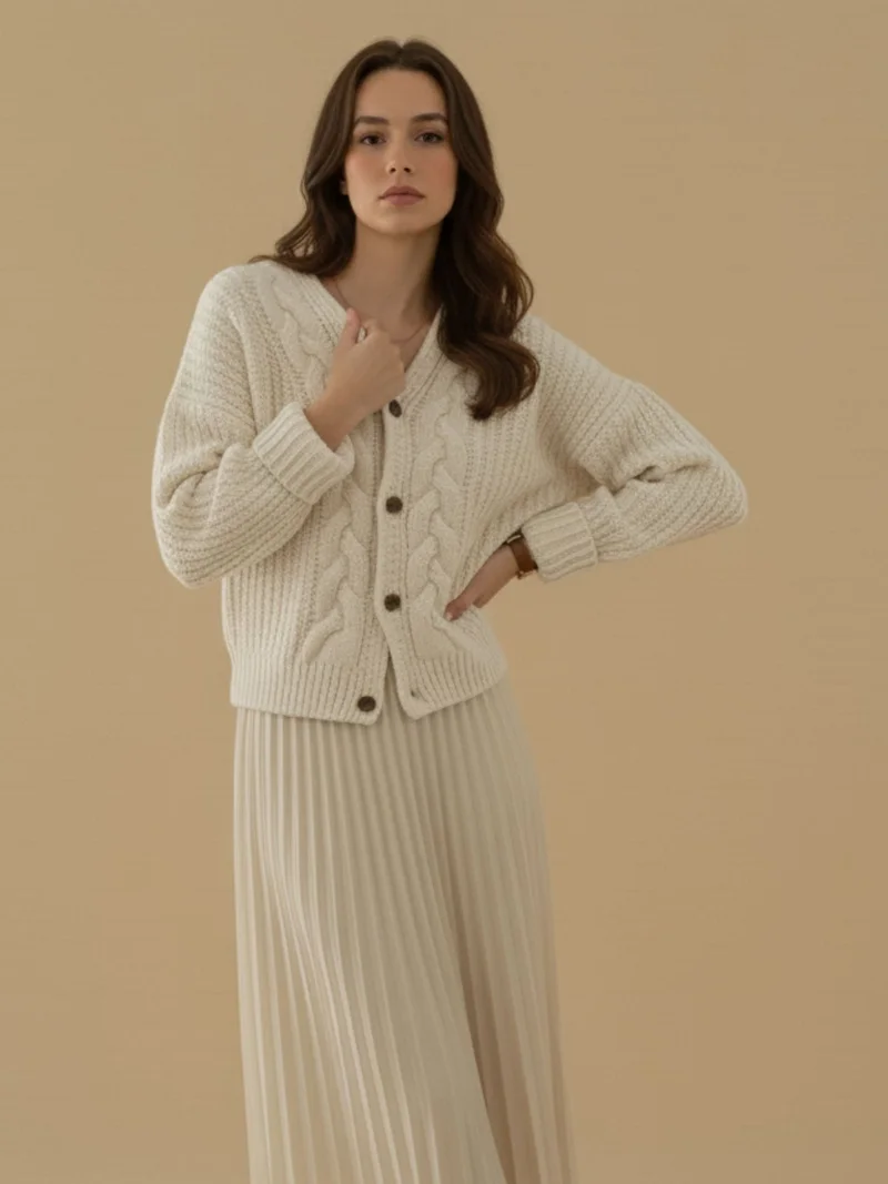 أوجيدر Cream Full Sleeve Front Buttoned Slouchy Cardigan