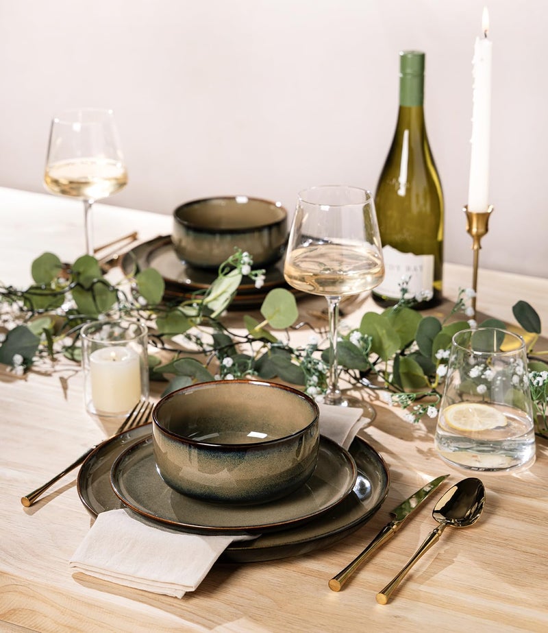 TheTerra Ceramic Dinnerware Sets for 4, 12 Pieces Handmade Reactive Glaze Plates and Bowls Set, Scratch Resistant Dish Set, Oven & Microwave & Dishwasher Safe - Image 5