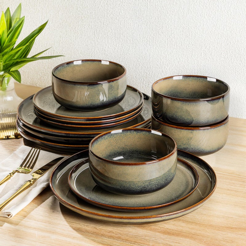 TheTerra Ceramic Dinnerware Sets for 4, 12 Pieces Handmade Reactive Glaze Plates and Bowls Set, Scratch Resistant Dish Set, Oven & Microwave & Dishwasher Safe - Image 1