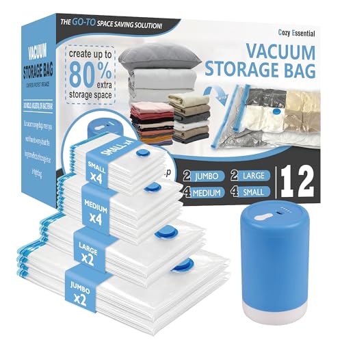 Cozy Essential Travel Vacuum Storage Bags with Portable Electric Pump, Vacuum Seal Space Saver Bags for Clothing and Luggage, 12 Pack - Image 1